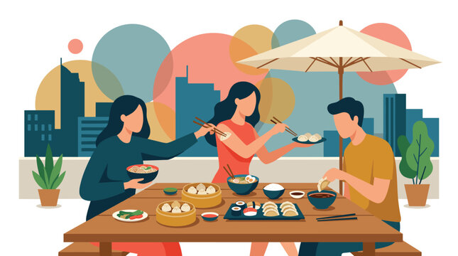 Friends eating dim sum and noodles at an outdoor restaurant table with a city skyline background during a social gathering in the city.