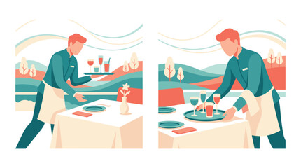 Fototapeta premium Waiter arranging wine glasses on a dining table in a restaurant setting with a scenic landscape view for professional hospitality and food service.