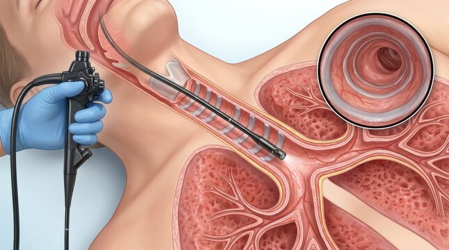 Medical illustration of bronchoscopy procedure showing scope inside the trachea and lungs