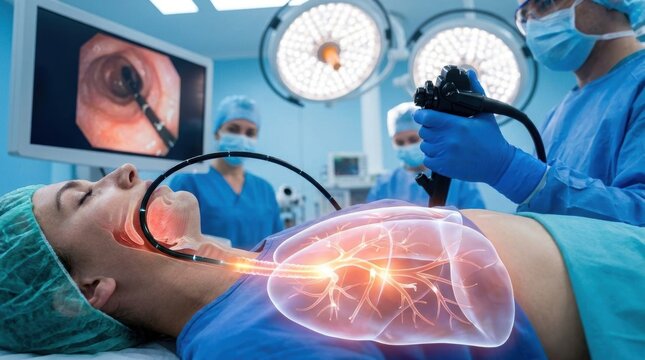 Bronchoscopy procedure showing internal view of lungs with medical team in operating room