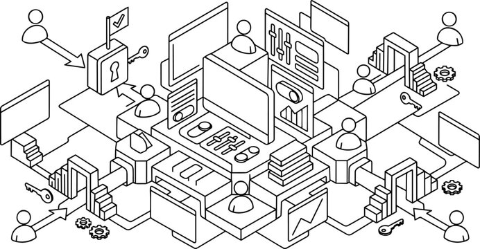 Minimalist isometric admin control panel, user identity management, SaaS dashboard and access authorization ecosystem outline illustration, hollow vector