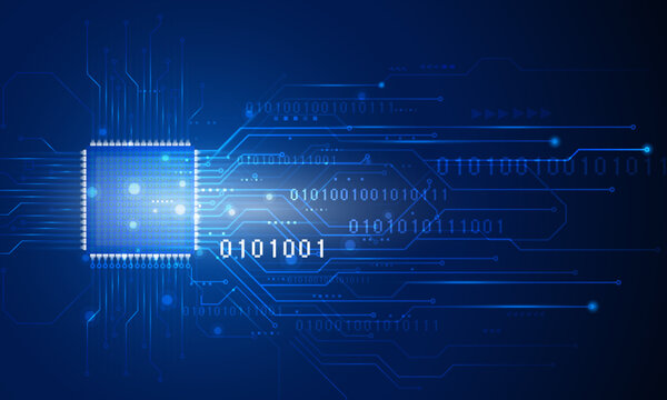 Central Microprocessor Circuit Board Texture with Binary Code Numbers, Glowing Blue Cyber Processing Center and Hardware Network Concept, Vector Illustration