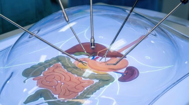Robotic surgery simulation with laparoscopic instruments over anatomical model