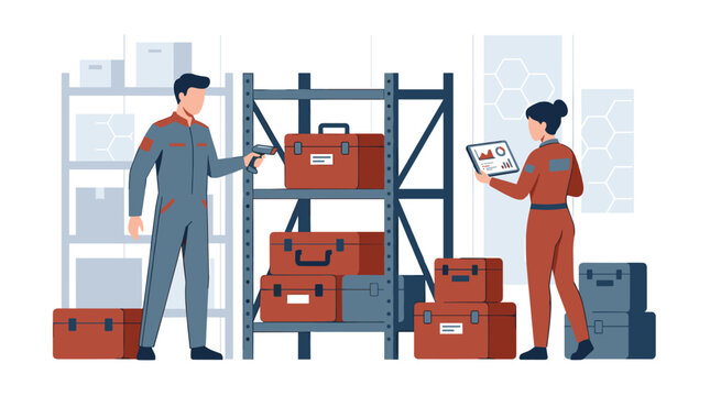 Male worker in gray jumpsuit scanning red box while female colleague with tablet monitors inventory in industrial warehouse storage facility.