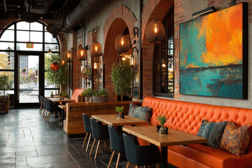 Fototapeta premium Stylish Industrial Restaurant Interior with Brick Walls and Modern Art