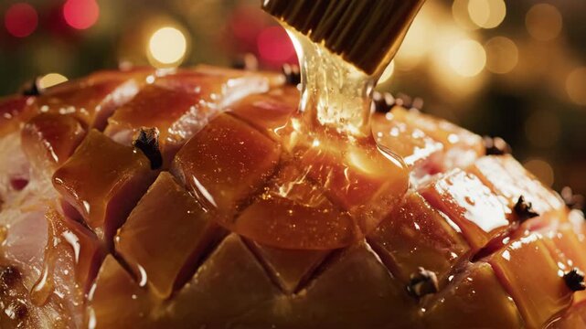 Slow Motion Glazing a Scored Ham with Honey Using Brush Under Warm Festive Oven Light