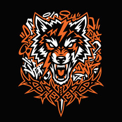 Fototapeta premium Aggressive wolf head illustration with urban graffiti elements