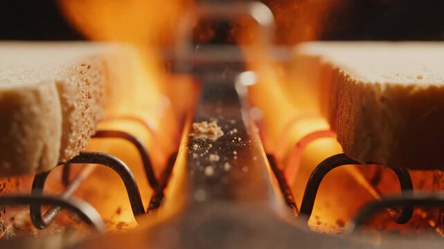 Macro Probe View Inside Toaster Slots as Bread Browns Near Glowing Red Heating Elements