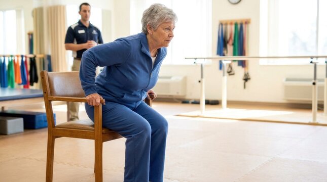 Elderly woman practicing physical therapy exercises with a trainer in a rehabilitation center
