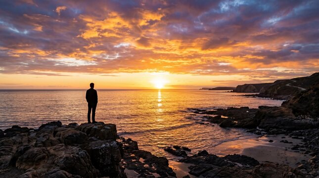 Beautiful dramatic sunset over the ocean with a silhouette of a man standing on the beach