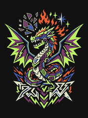 Fototapeta premium A vibrant geometric dragon illustration with flames and stars