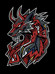 Fototapeta premium Aggressive horned wolf head illustration with sharp teeth