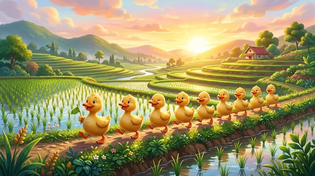 Yellow ducklings walking on a path in a serene countryside landscape