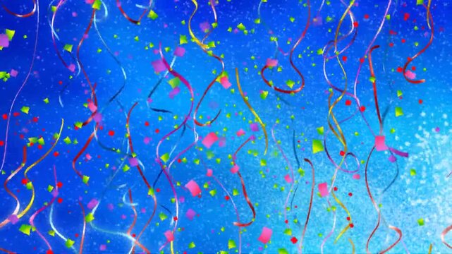 Vibrant Confetti and Streamers Falling Against a Dynamic Blue Background.