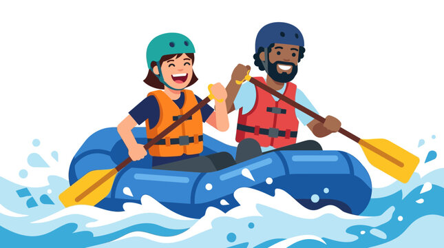 Happy Couple Whitewater Rafting Adventure, Paddling in Blue Boat