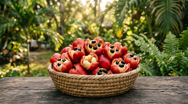 Bowl of freshly harvested ripe ackee fruits with their iconic black seeds, presented outdoors on a wooden surface surrounded by lush greenery.