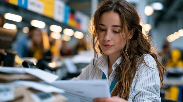 Cross-border e-commerce customs broker at crowded international freight terminal reviews declaration paperwork, scanning barcodes on mixed-origin packages, multilingual signage overhead, time-sensit
