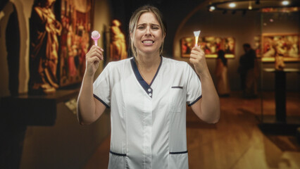 Fototapeta premium Woman nurse in white uniform holds facial brush and spatula, grimacing with closed eyes in a building gallery; work frustration.