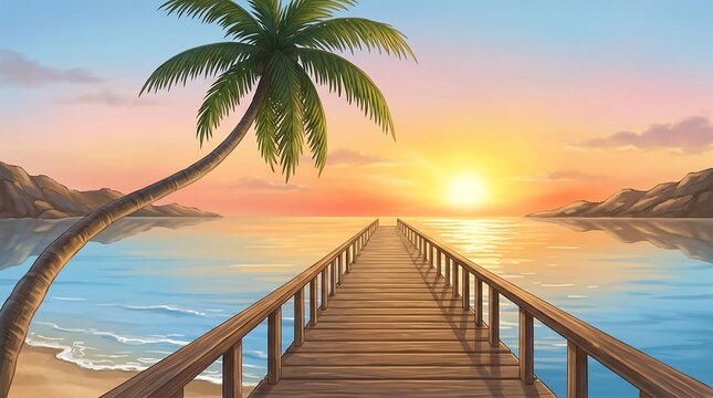 Tropical beach pier at sunset with palm tree