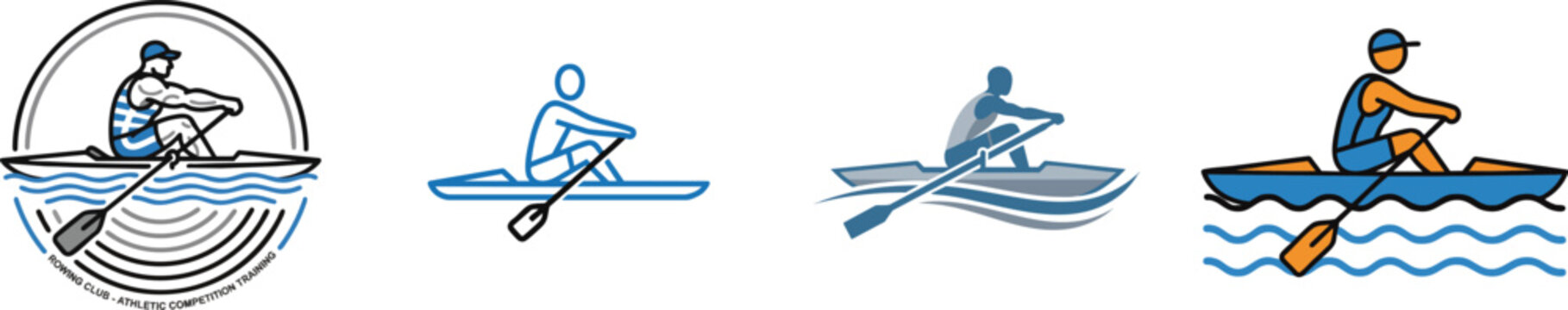 Rower icon showing athlete in rowing boat with oar for water sport and athletic sports competition training vector illustration, vector set isolated on white