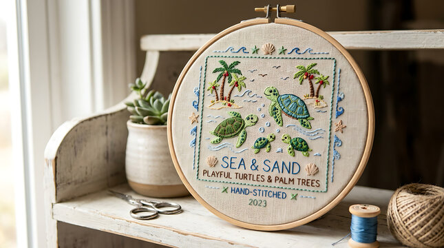 Hand-stitched embroidery sampler featuring playful sea turtles and palm trees on a beach scene, a delightful craft piece