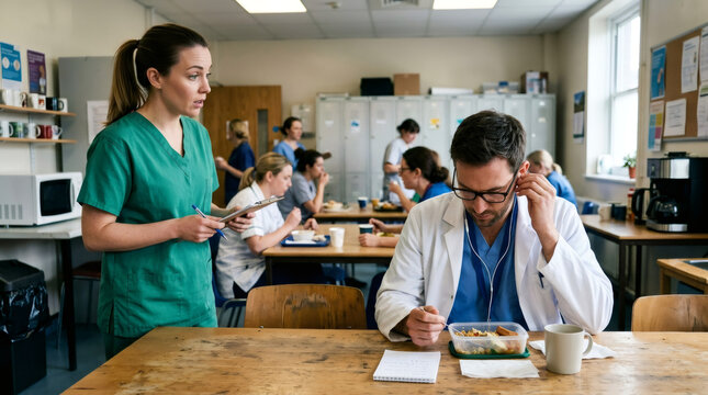 Woman nurse and man doctor having lunch break in hospital staff room. Medical professionals discussing work tasks during meal. Hospital routine, busy healthcare and teamwork concept.