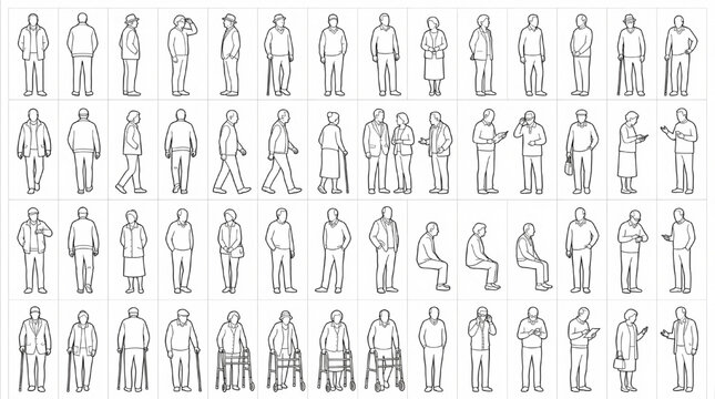 50 Elderly Adult Poses Architectural Scale Figure Library CAD Vector Collection