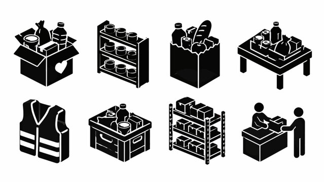 Isometric icons of food donation items and distribution shelves