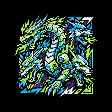 Aggressive multi-headed fantasy beast with vibrant neon colors