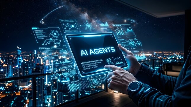 Futuristic tablet with AI Agents workflow interface over night city skyline