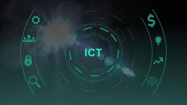 ICT Information communication technology internet concept on virtual screen. Circular hud interface,abstract blue technology network background.