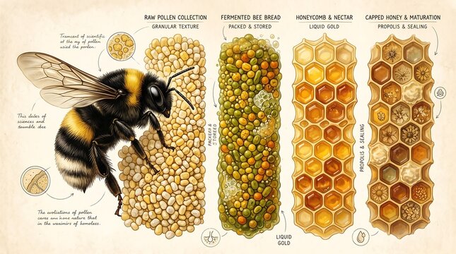 Educational illustration of the honey production process by bees, showing pollen collection, bee bread, and honeycomb