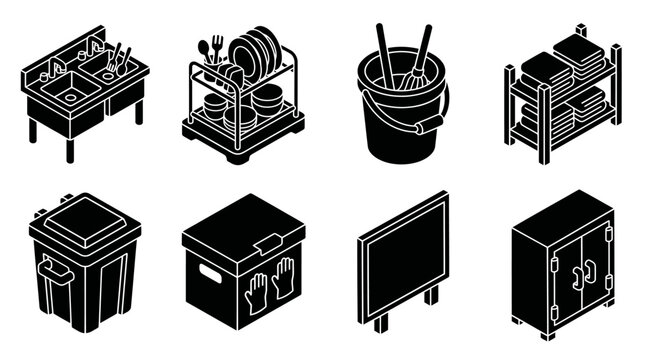 Kitchen equipment icons: sink, dish rack, mop bucket, storage shelves, trash bin, box, monitor, cabinet
