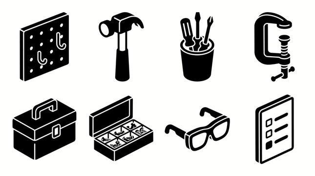 Black and white icons of tools and equipment
