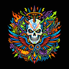 Fototapeta premium Colorful skull with wings, horns and abstract street art design