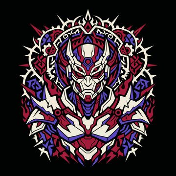 Intricate robotic warrior head illustration with ornamental patterns