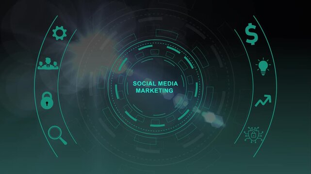 SMM Social Media Marketing.Business, Technology, Internet and network concept.Circular hud interface,abstract blue technology network background.