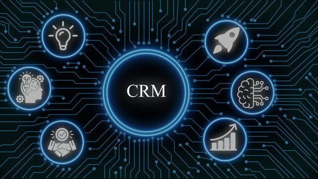 Crm software concept with digital circuit board background, and business