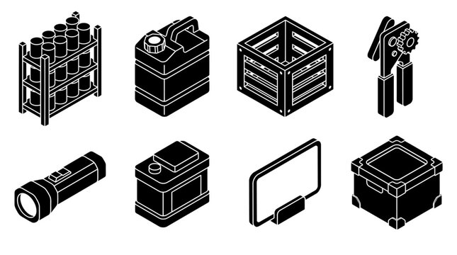 Isometric Workshop Storage and Equipment Icon Set