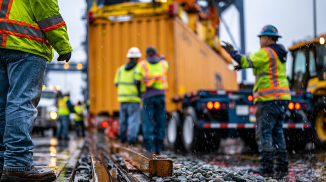 Port container operations ground-level view showing stevedore crew guiding forty-foot container onto chassis trailer in rain, high-visibility vests soaked, hand signals coordinated with crane operat