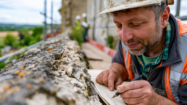 Scaffolding platform crew member in hard hat photographs limestone parapet damage on thirteenth-century castle curtain wall during structural assessment, restoration architect reviewing conservation