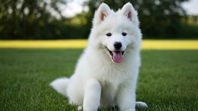 Adorable fluffy white Samoyed puppy sitting and walking on green grass in a sunny park. Cute baby dog portrait, playing outdoors, happy pet lifestyle, high quality cinematic footage.