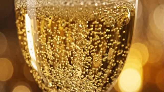 Champagne Bubbles in Glass Closeup.