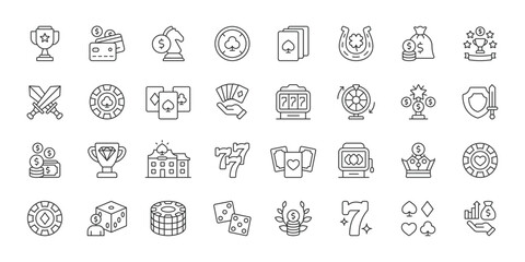 Gambling icons in line design. gambling, casino, cards, dice, poker, slot machine, betting on white background vector. Gambling editable stroke icons. © Bezvershenko