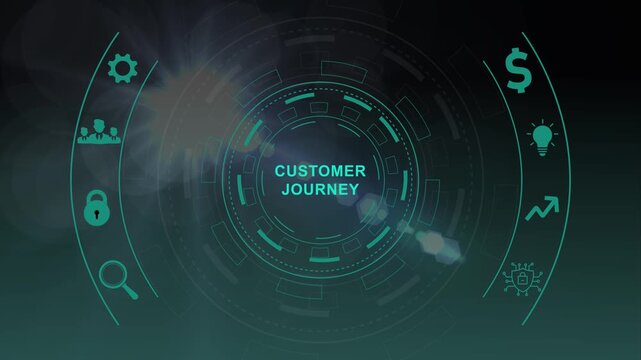 Inscription Customer journey on the virtual display. Business Technology Internet and network concept.Circular hud interface,abstract blue technology network background.
