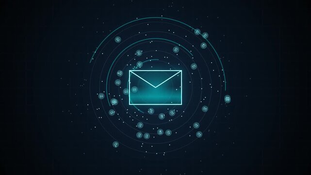 Email icon glows in a network of dots and lines on a dark cloud background