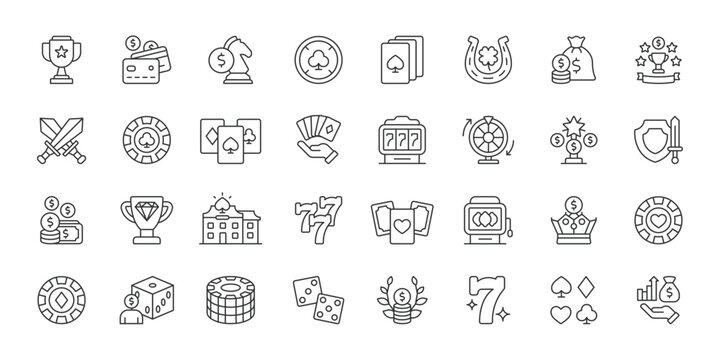 Gambling icons in line design. gambling, casino, cards, dice, poker, slot machine, betting on white background vector. Gambling editable stroke icons.