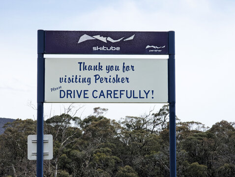 A close up view The Skitube sign in the car park at Bullocks Flat, New South Wales, Australia.
