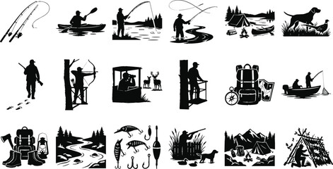 Fototapeta premium Outdoor recreation icons set with black silhouettes of hunting fishing camping hiking and wilderness adventure activities