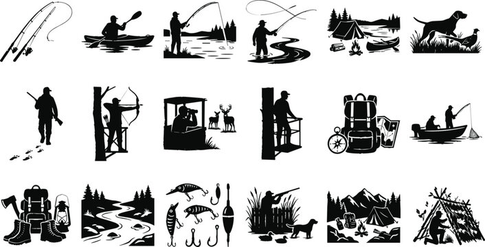 Outdoor recreation icons set with black silhouettes of hunting fishing camping hiking and wilderness adventure activities